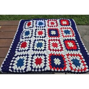 VTG Granny Square Red White & Blue Hand Crocheted Afghan Throw 36" X 36" Patriot